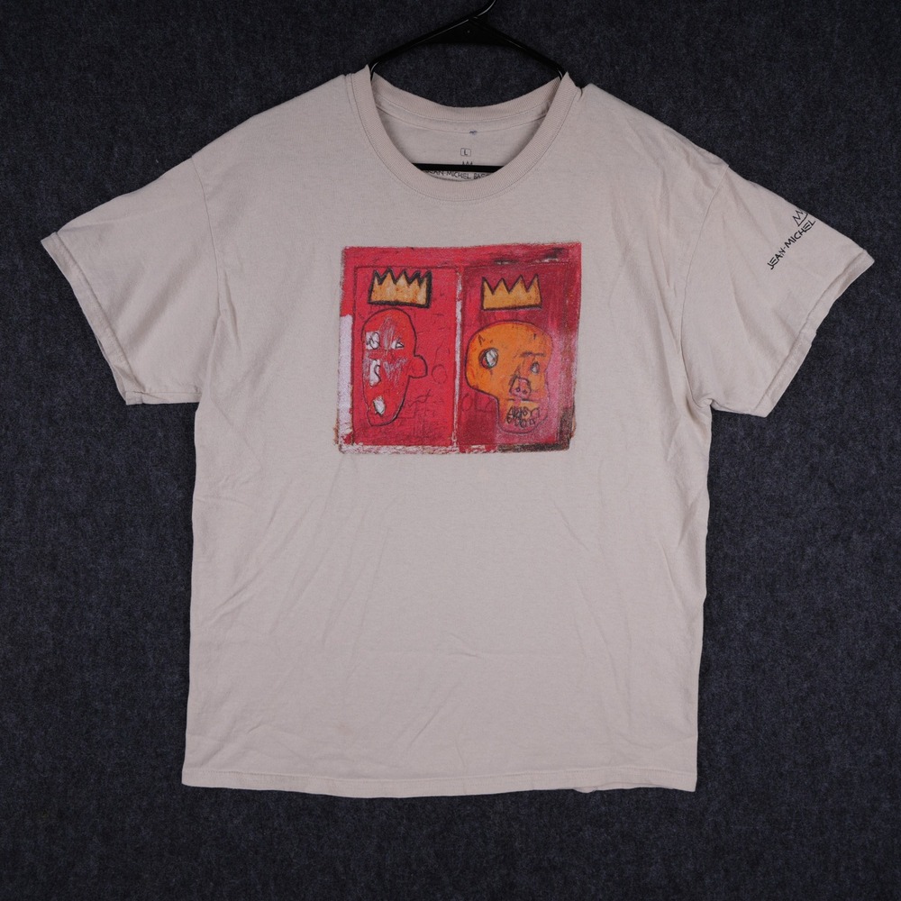 Jean-Michel Basquiat Art Graphic T-Shirt Mens Large Tan EUX Crown Skull Print